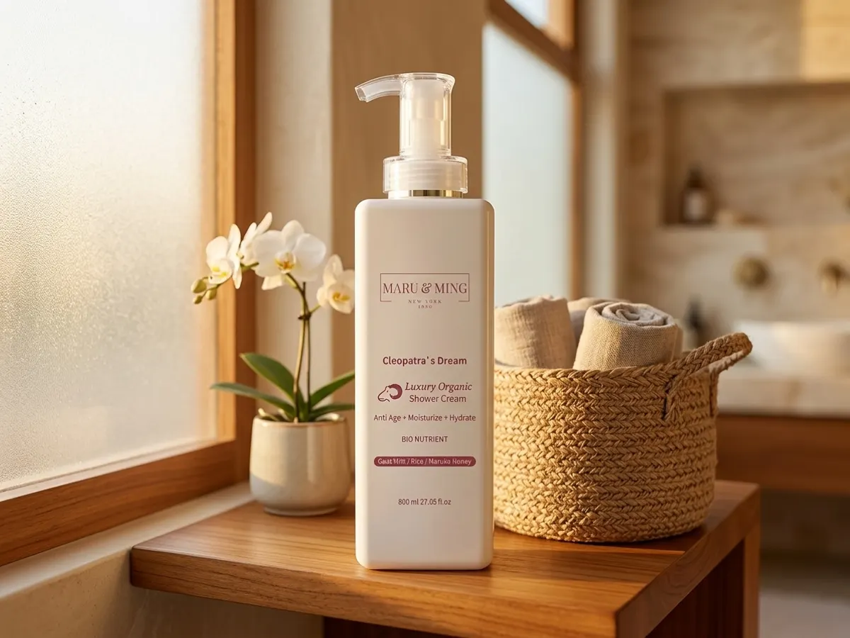 Maru & Ming Cleopatra's Dream Body Wash, serene bathroom shelf styling
