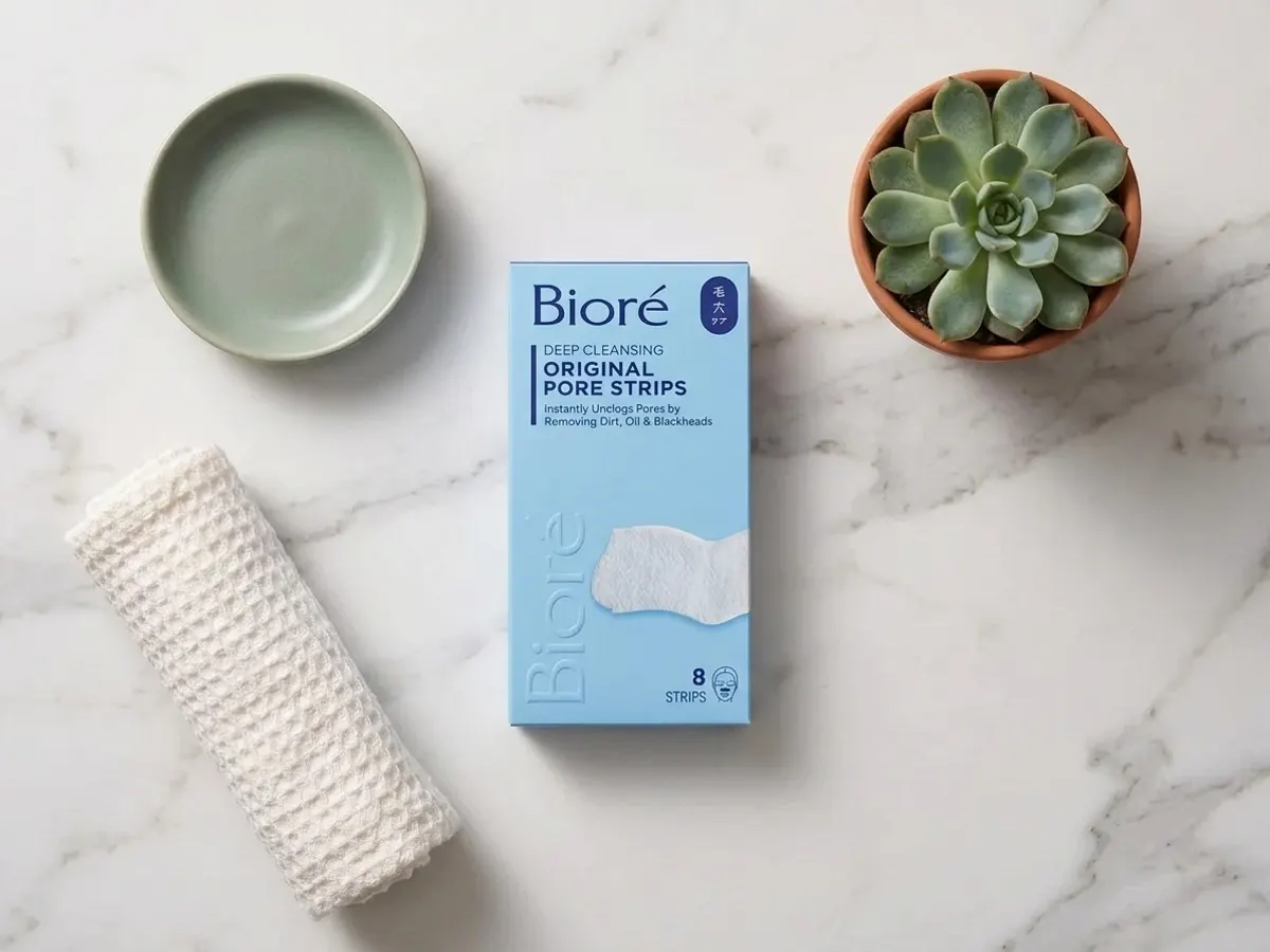 Biore Pore Strips, minimalist beauty product flat lay