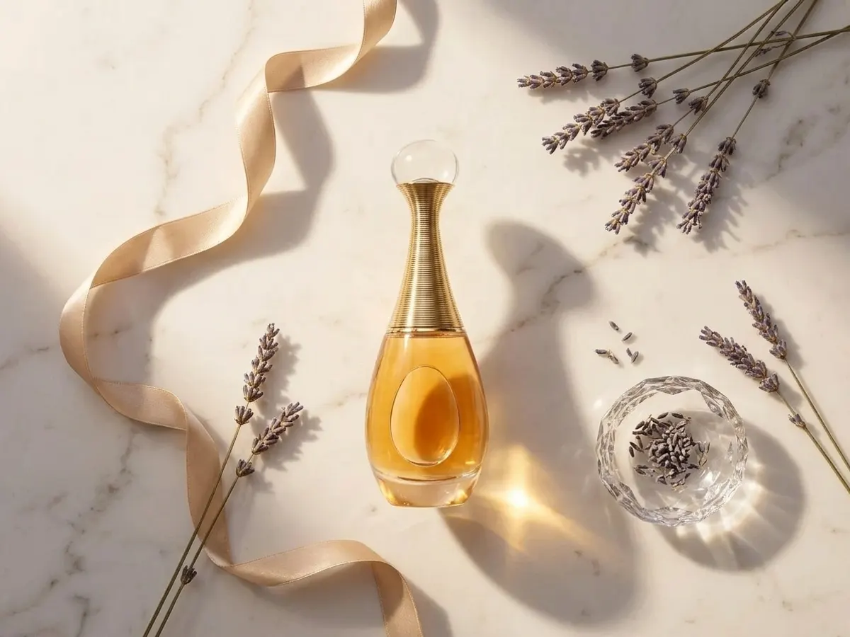 Dior J'adore L'Or Fragrance, luxe fragrance arranged with elegant accessories