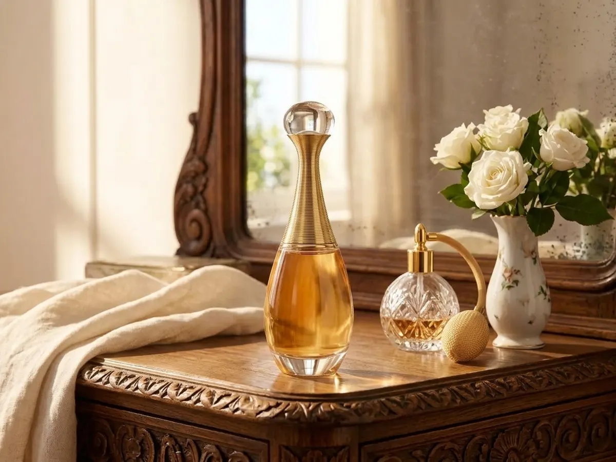 Dior J'adore L'Or Fragrance, fragrance displayed on feminine vanity setup