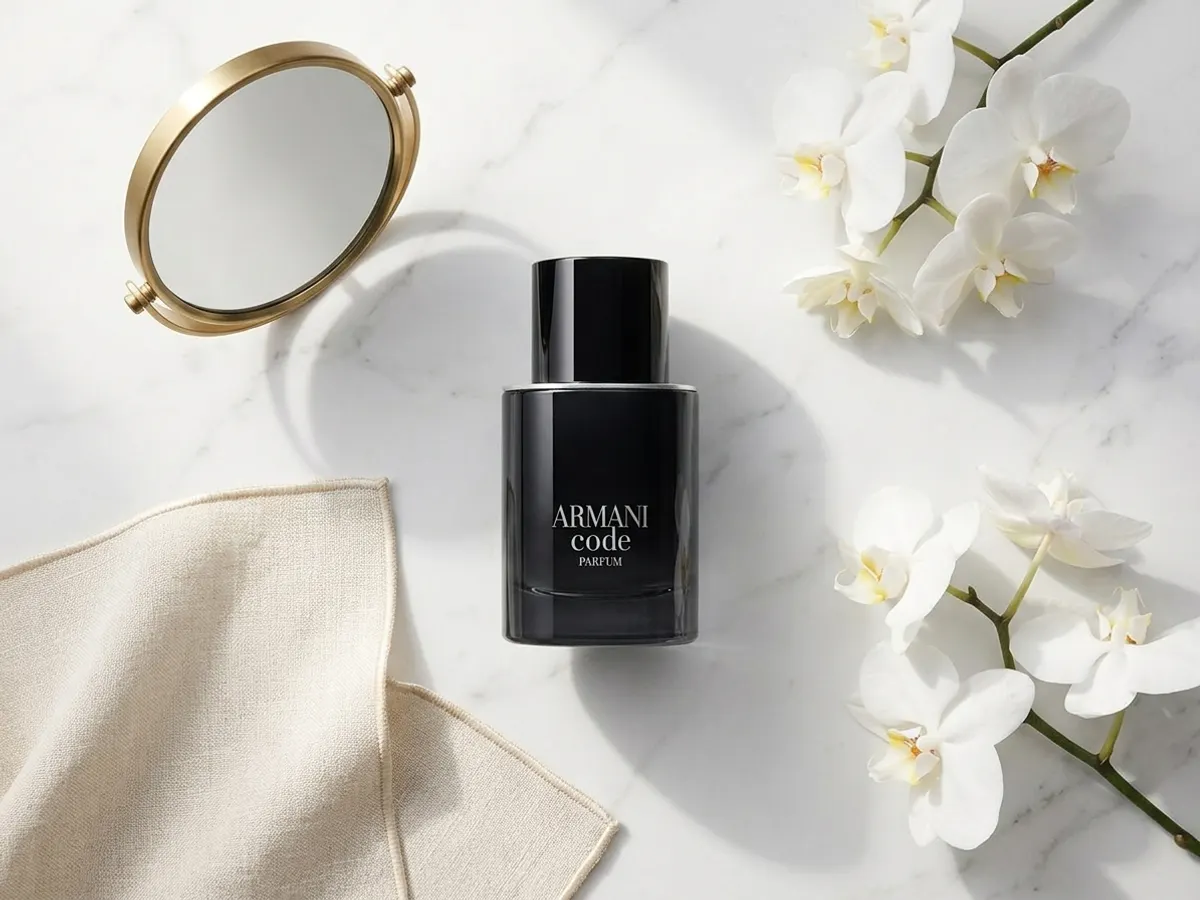 Armani Code Parfum, luxury fragrance on marble vanity