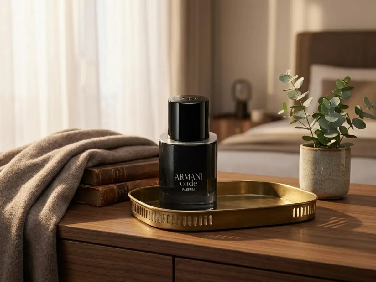 Armani Code Parfum, fragrance displayed on bedroom dresser