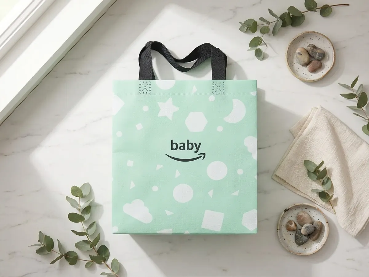 Amazon Baby Registry Welcome Box, overhead flat lay on marble surface