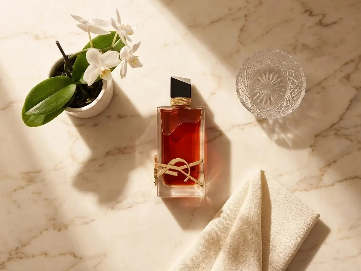 Yves Saint Laurent Libre Le Parfum, elegant vanity arrangement with florals