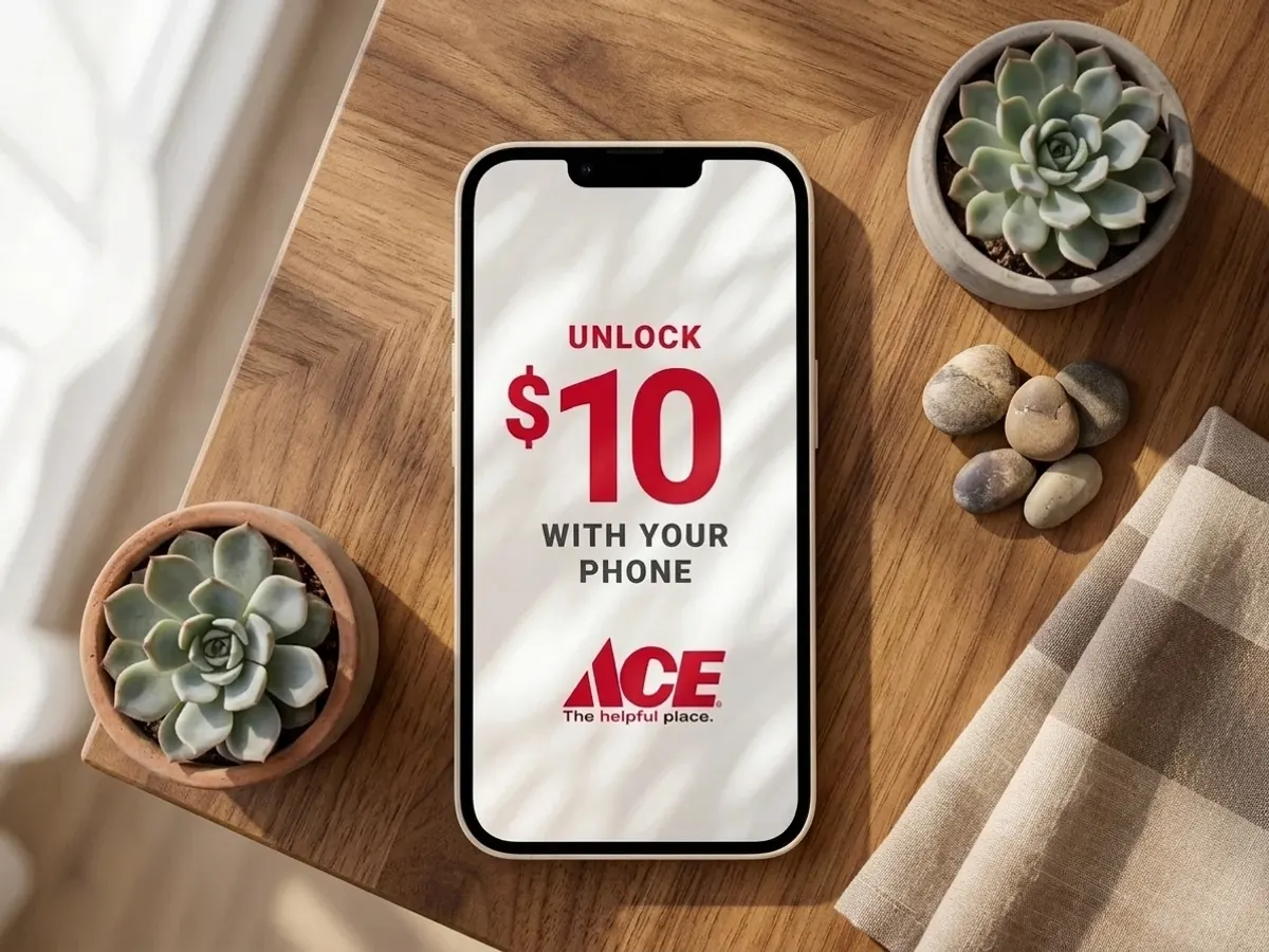 $10 Bonus Coupon at Ace Hardware App, minimalist arrangement with natural textures