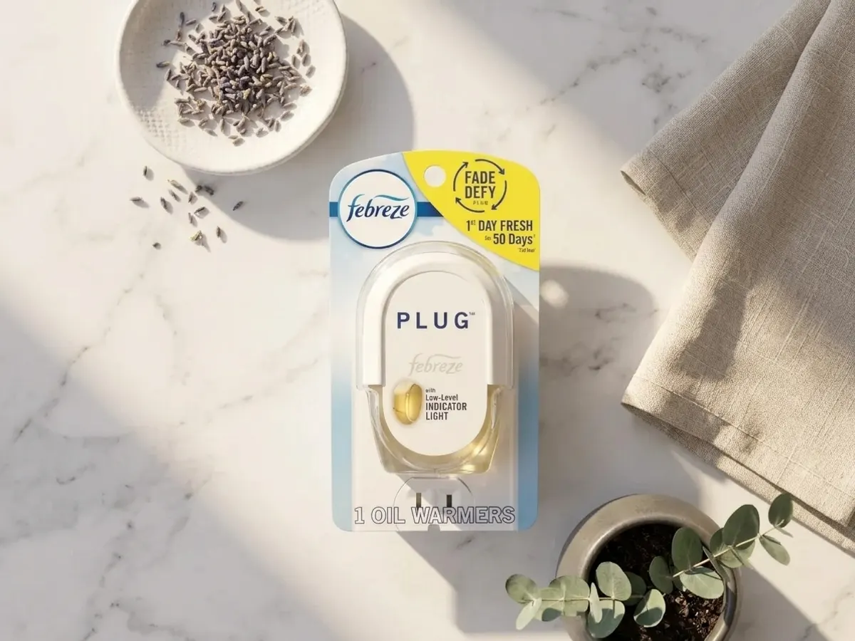 Febreze Fade Defy Plug-In Air Freshener, minimalist flat lay with natural botanicals