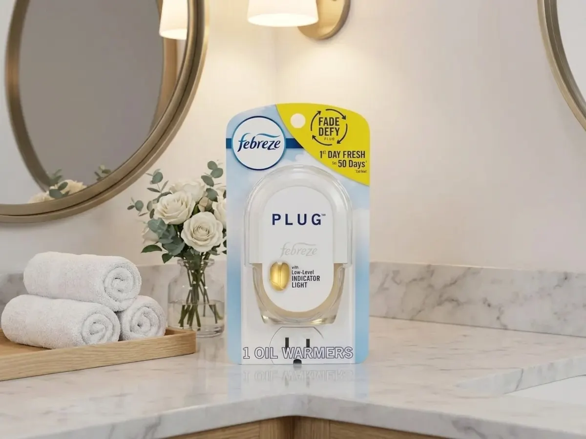 Febreze Fade Defy Plug-In Air Freshener, product positioned on styled bathroom counter