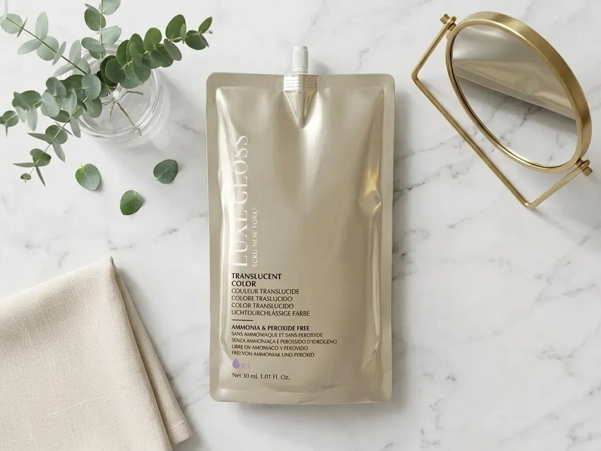 ECRU New York Luxe Hair Gloss Sample, luxe hair product on marble vanity