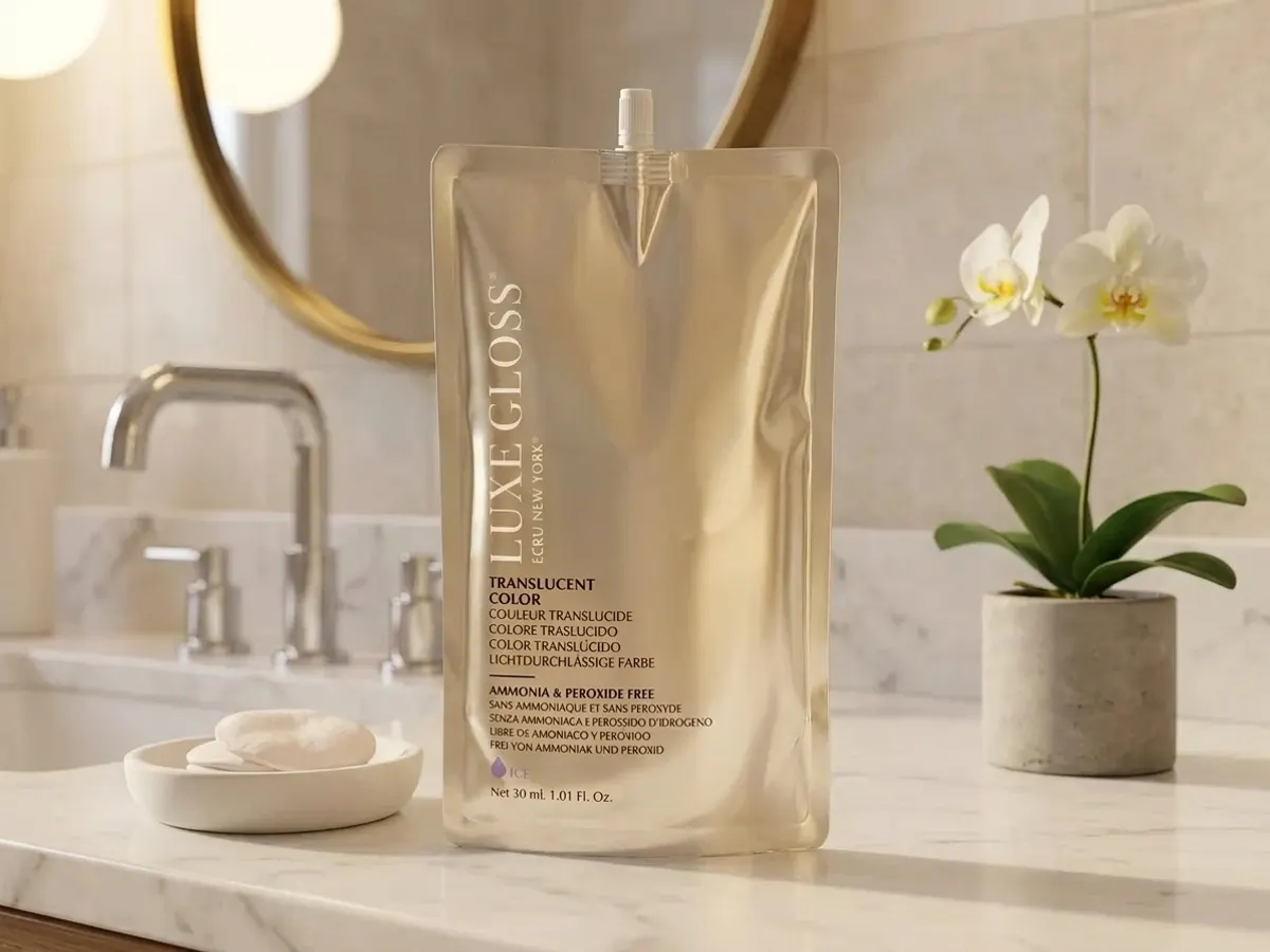 ECRU New York Luxe Hair Gloss Sample, product displayed on bathroom vanity
