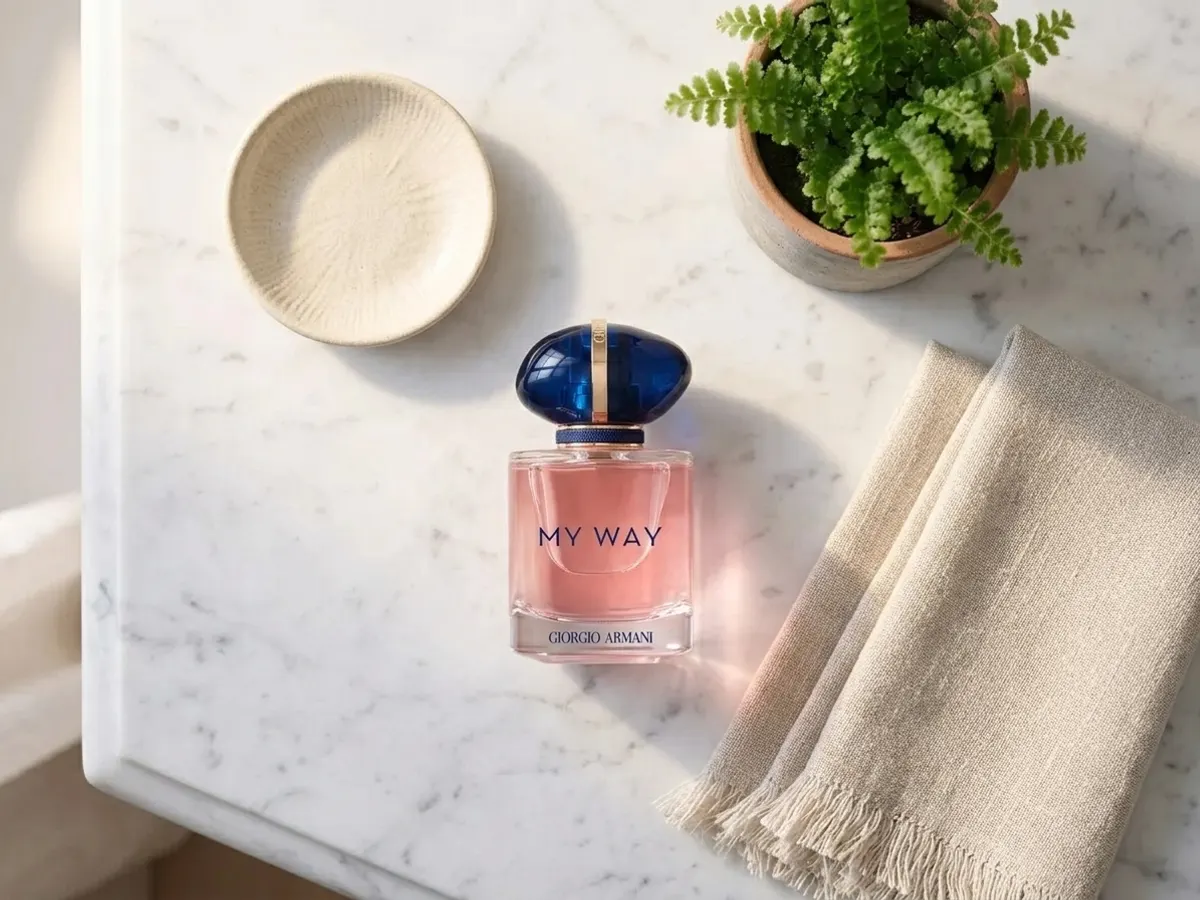 Armani My Way Perfume, elegant fragrance displayed on marble surface