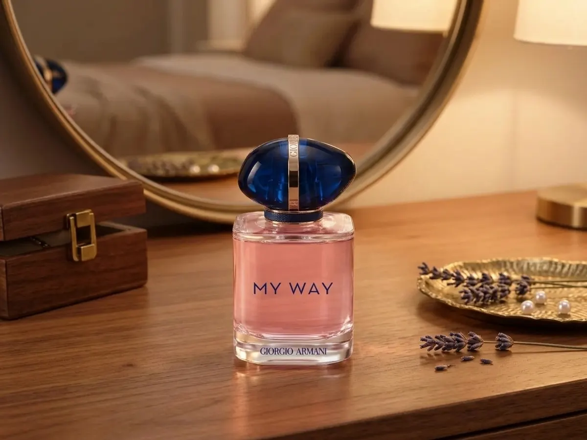 Armani My Way Perfume, perfume bottle on bedroom vanity setup