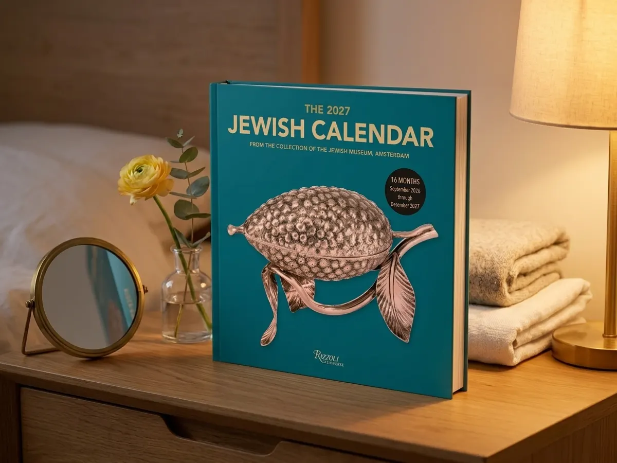 2027 JDC Jewish Calendar, calendar placed on bedroom nightstand by lamp