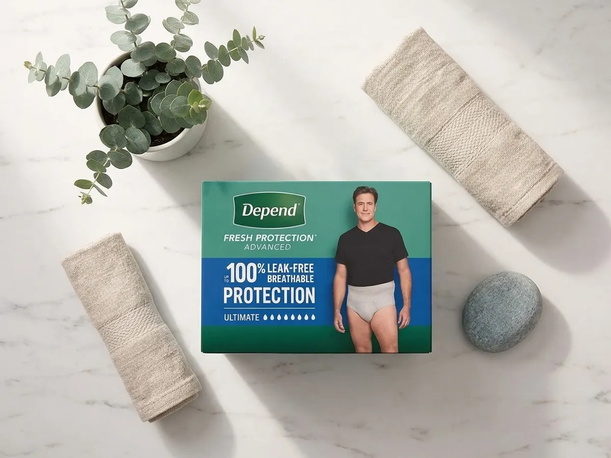 Depend Fresh Protection Advanced Sample Pack, bathroom essentials arranged on marble vanity
