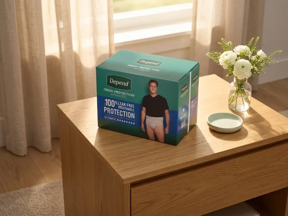 Depend Fresh Protection Advanced Sample Pack, personal care item on bedroom nightstand