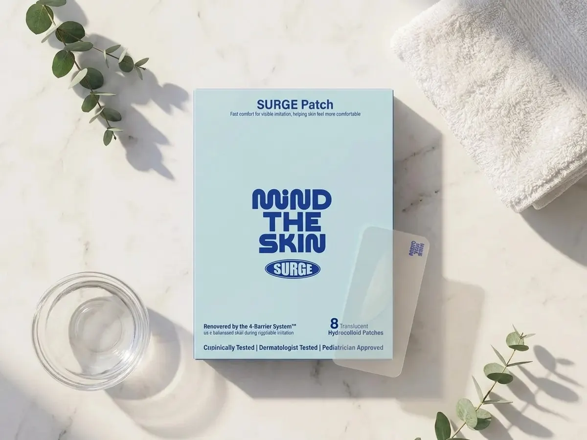 Mind the Skin Eczema Flare Patches, skincare product on marble vanity flat lay