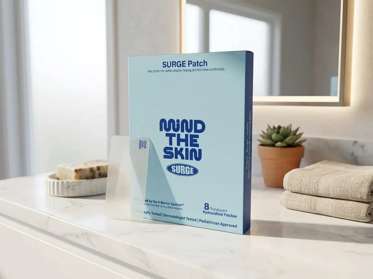 Mind the Skin Eczema Flare Patches, wellness item on bathroom counter display