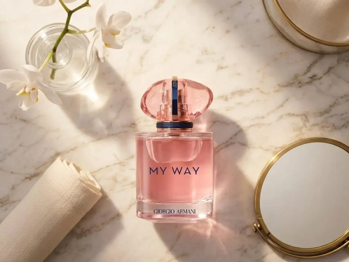 Giorgio Armani My Way Nectar Fragrance, fragrance displayed on marble vanity
