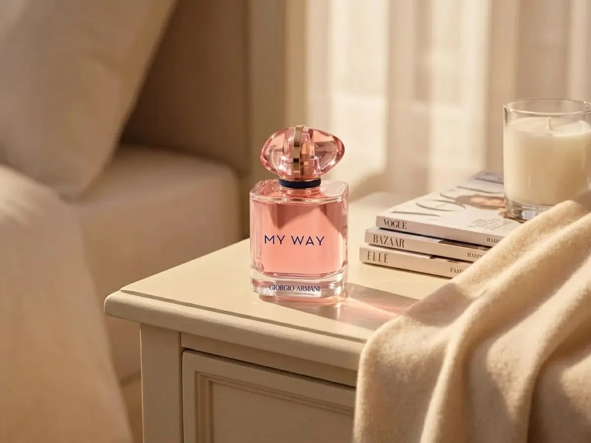 Giorgio Armani My Way Nectar Fragrance, scent bottle on bedroom nightstand