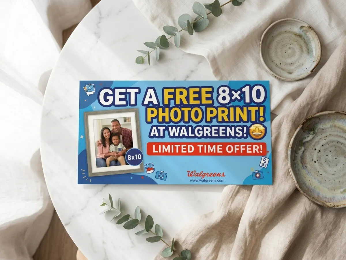 Walgreens Free 8x10 Photo Print, flat lay with botanical accents and natural light
