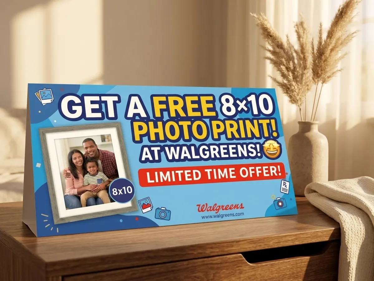 Walgreens Free 8x10 Photo Print, styled bedroom nightstand display