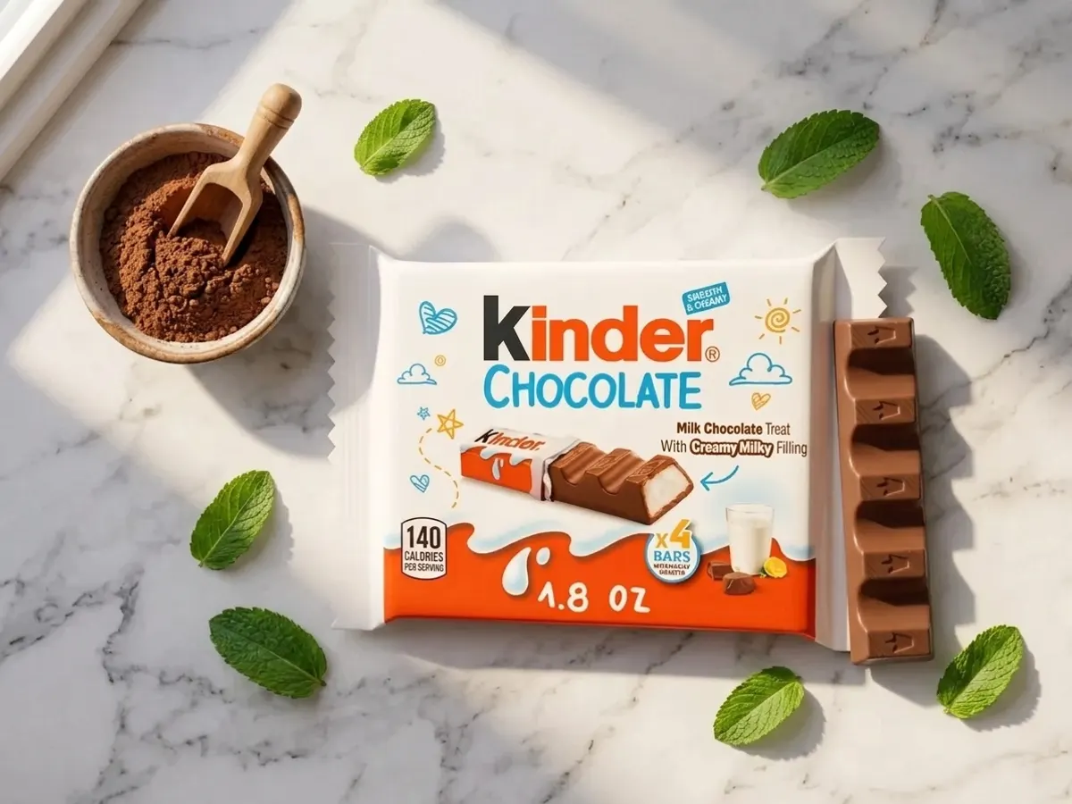 Kinder Chocolate Bars via Walmart Cash, flat lay with cocoa and mint styling