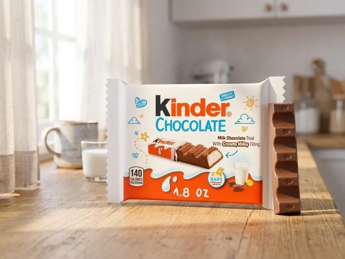 Kinder Chocolate Bars via Walmart Cash, kitchen table morning scene with beverage