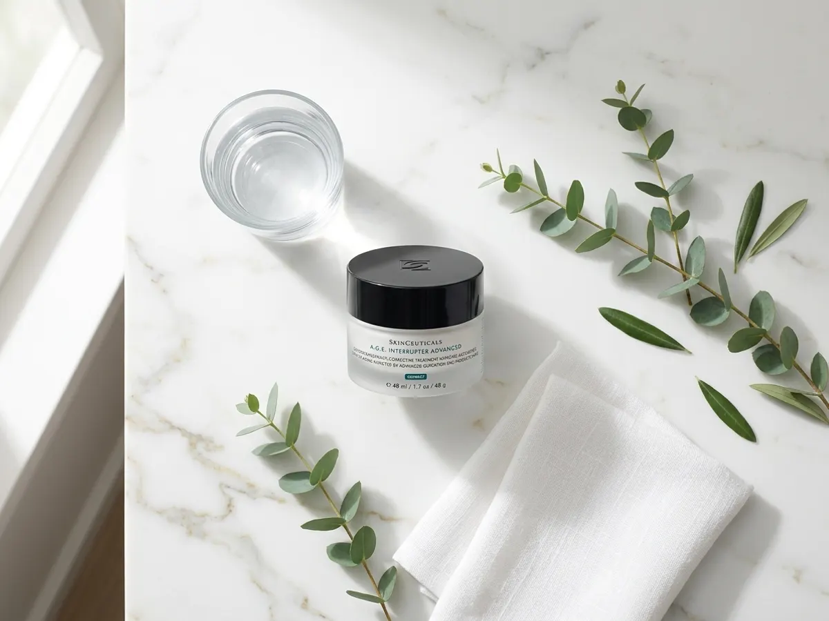 SkinCeuticals A.G.E. Interrupter Advanced, minimalist skincare flat lay with botanicals