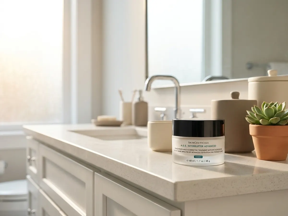 SkinCeuticals A.G.E. Interrupter Advanced, product on sunlit bathroom vanity