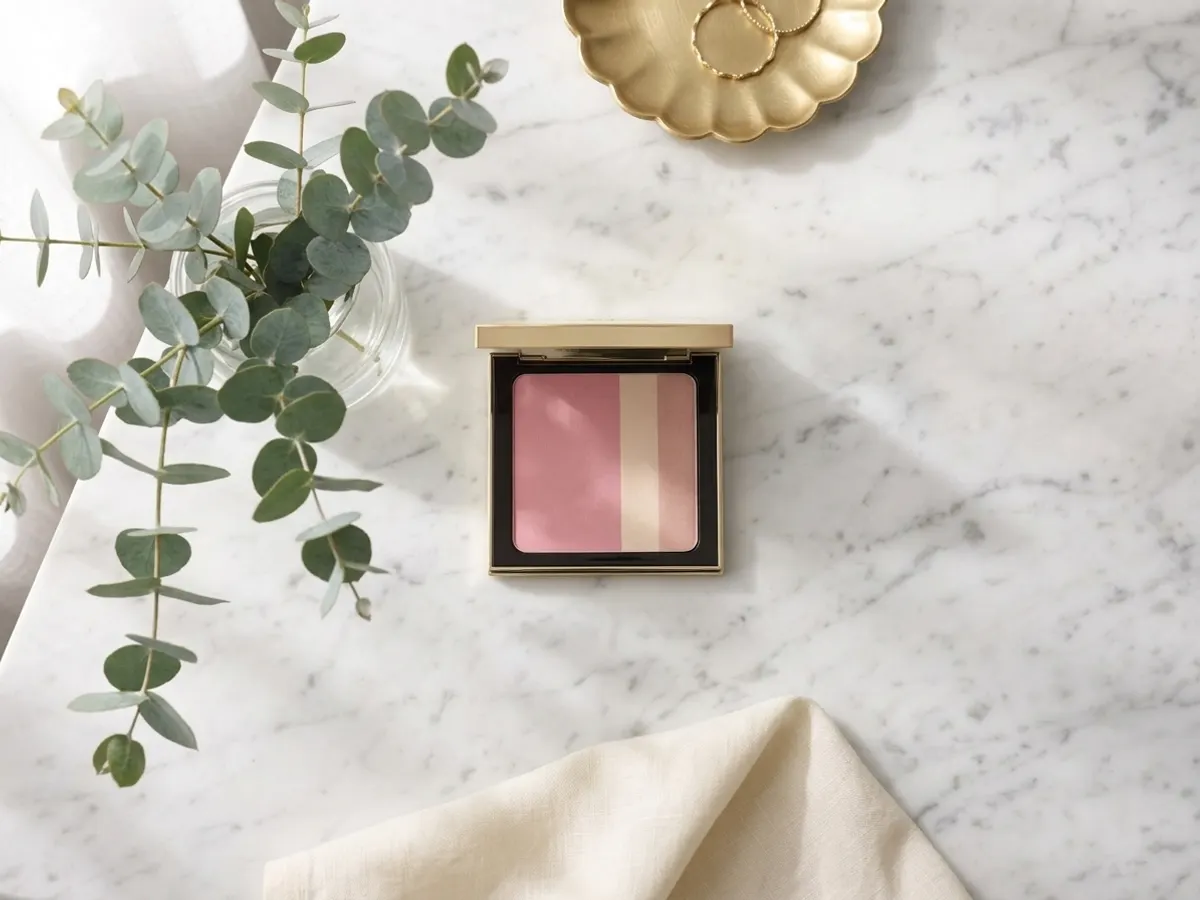 Beauty Product Samples With Topbox Circle, makeup samples arranged on marble surface