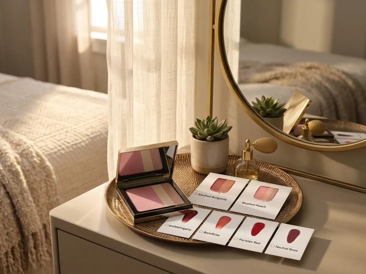 Beauty Product Samples With Topbox Circle, products displayed on bedroom vanity mirror