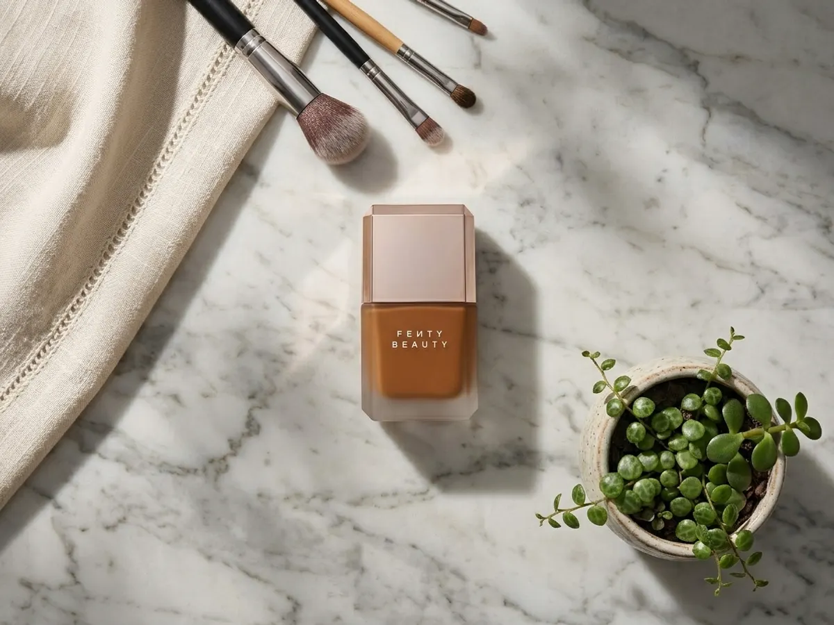 Win Personalized Fenty Pro Filt'r Fluid Flex Foundation, overhead flat lay with brushes and greenery
