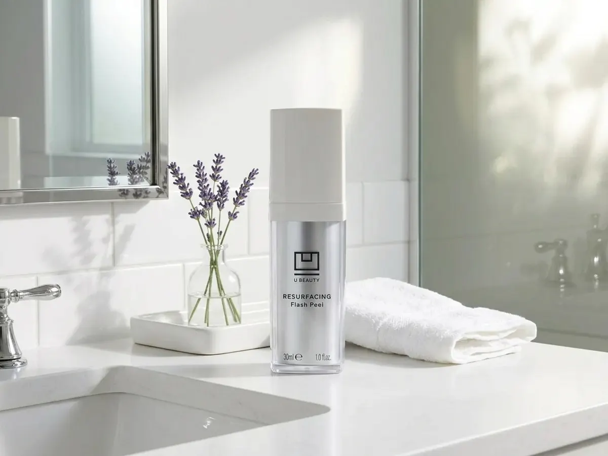 U Beauty Resurfacing Flash Peel Trial Kit, skincare routine bathroom counter setup