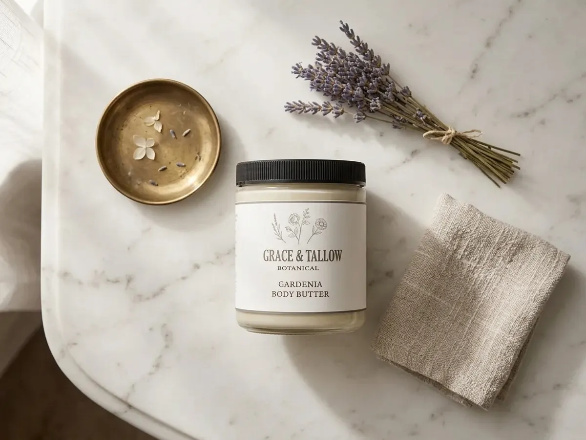 Grace & Tallow Body Cream Sample, cream sample on marble with lavender