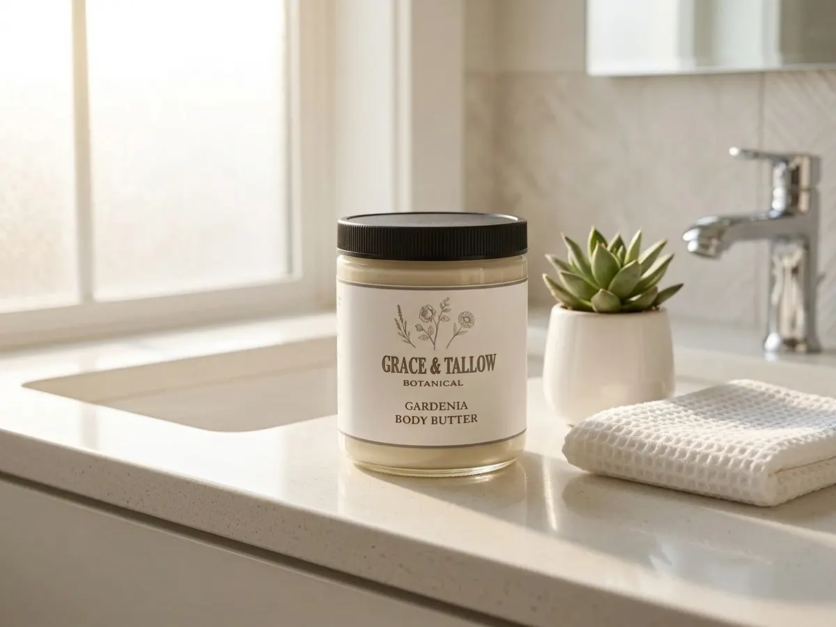 Grace & Tallow Body Cream Sample, product displayed on bathroom counter