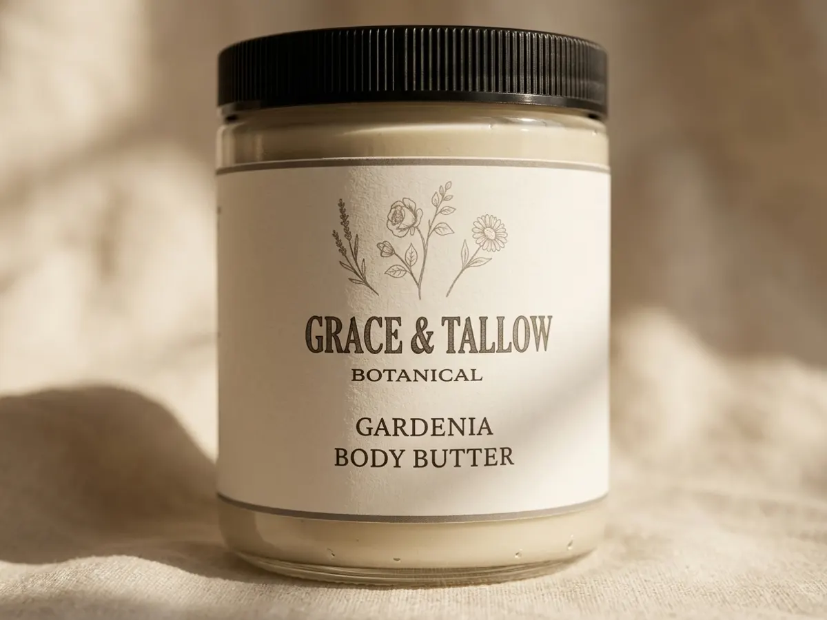 Grace & Tallow Body Cream Sample, packaging label detail in soft focus