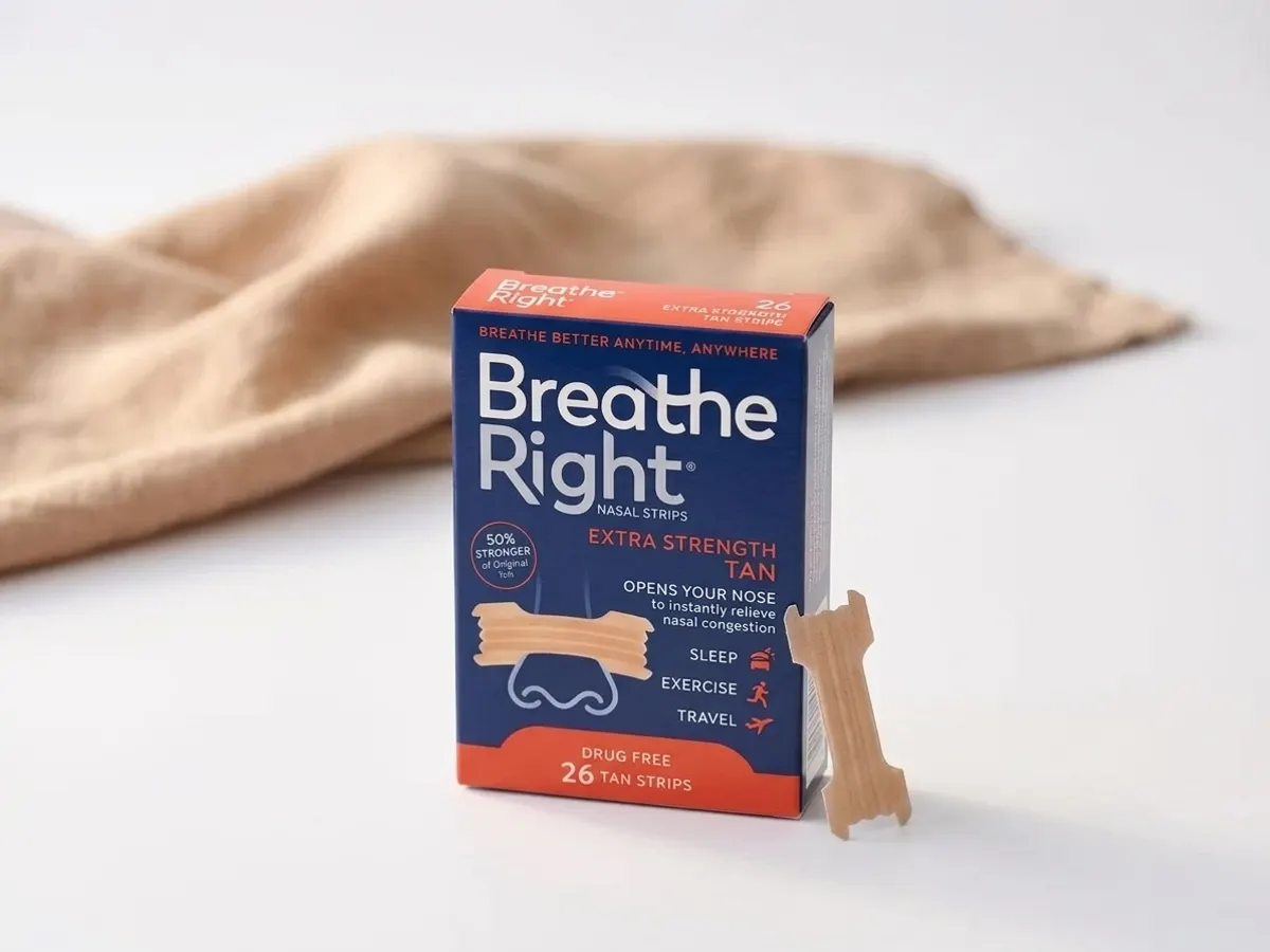Breathe Right Extra Strength Nasal Strips Sample, detailed packaging label with soft focus