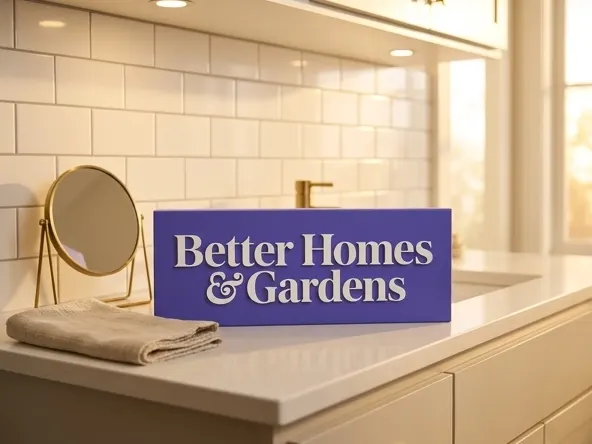 Win $25,000 from Better Homes & Gardens, styled bathroom vanity with ambient lighting