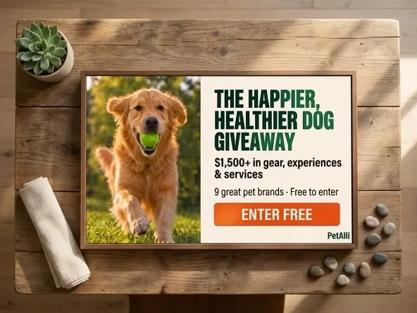 Win $1,500+ Pet Prize Package, overhead flat lay with natural props