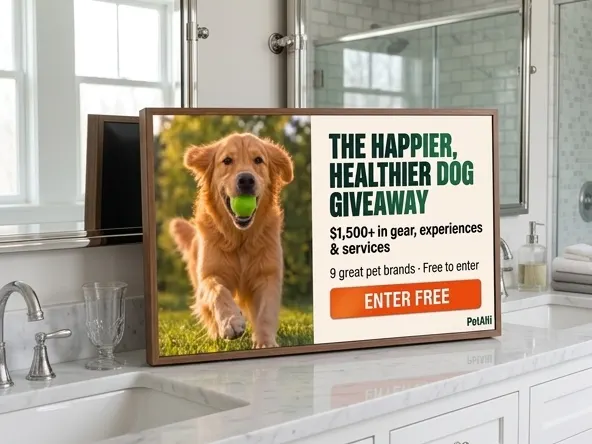 Win $1,500+ Pet Prize Package, product displayed on bathroom vanity surface