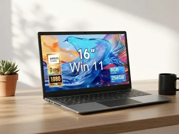 Win a 16" Laptop with Windows 11, laptop on wooden desk with accessories