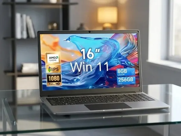 Win a 16" Laptop with Windows 11, laptop in contemporary workspace setting