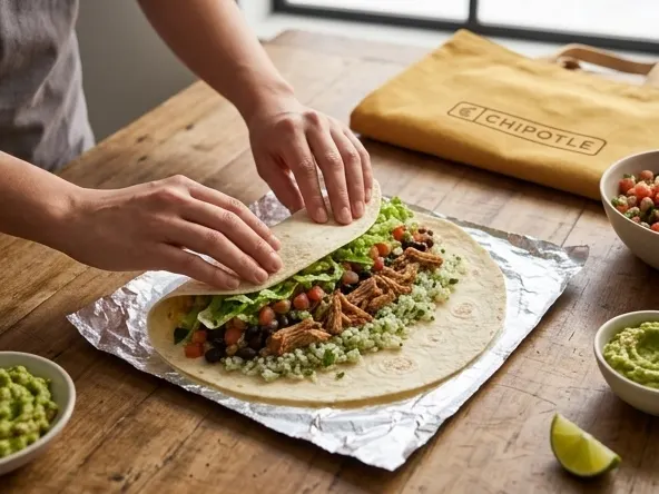 Win a Big Ass Chipotle Bag, hands building fresh burrito together