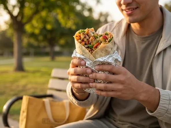Win a Big Ass Chipotle Bag, enjoying meal in outdoor park setting