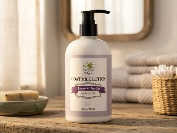 Southern Natural Goat Milk Lotion Sample, skincare moment on bathroom vanity