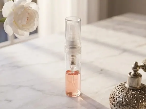 Guerlain L'heure Bleue Eau De Parfum Sample, elegant fragrance on marble with florals
