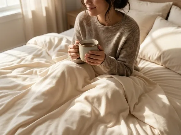 Win PeachSkinSheets Set Up to California King, woman enjoying coffee in soft sheets