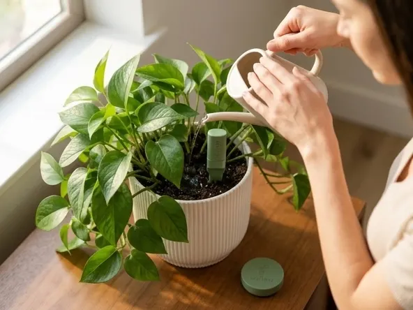 Win Willow Smart Home Plant Care Package, hands watering plant with sensor in soil