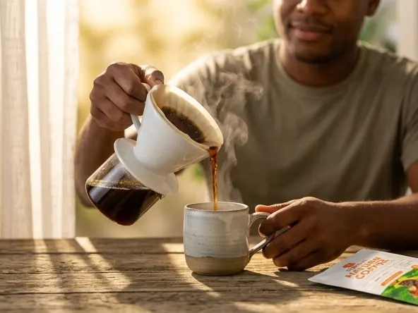 CariBBrew Haitian Dark Roast Coffee Sample, pouring fresh dark roast coffee into ceramic mug