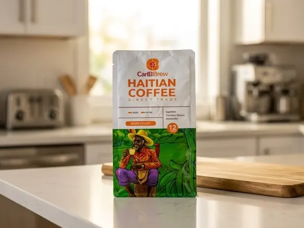 CariBBrew Haitian Dark Roast Coffee Sample, premium dark roast in kitchen setting
