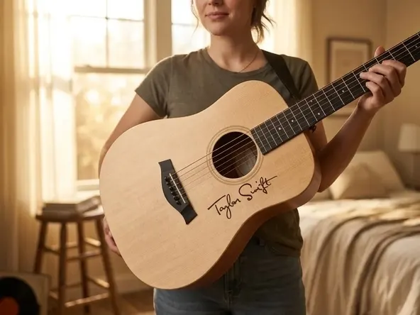 Win Taylor Swift Signed Acoustic Guitar, musician holding acoustic guitar ready to play
